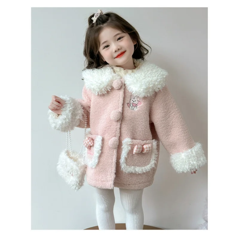 

Girls' Autumn and Winter New Style Rabbit Ear Fur Collar Thickened Korean Cartoon Fashion Little Girl Coat