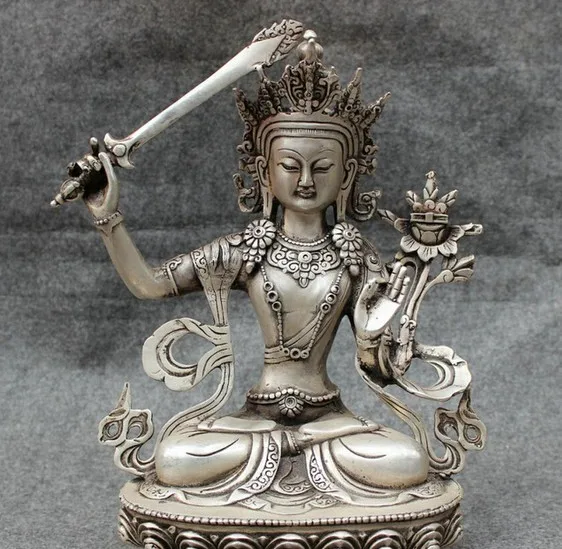 

11" Tibet Silver Buddhism Protect Manjuist Manjushri Buddha Statue Brass Joss