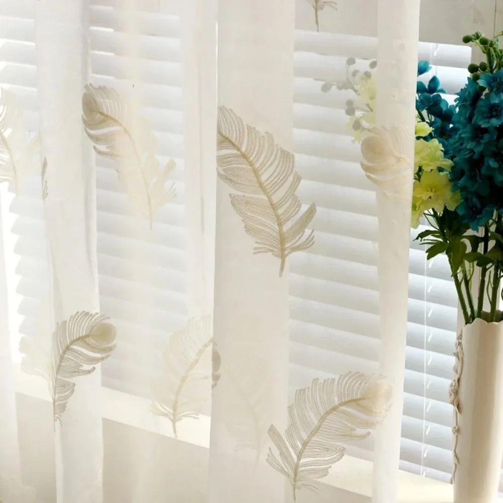 Embroidered Feather Curtains Pure Sheer Window Modern Curtains for Living Room Bedroom White Blue Tulle Curtains Drapes