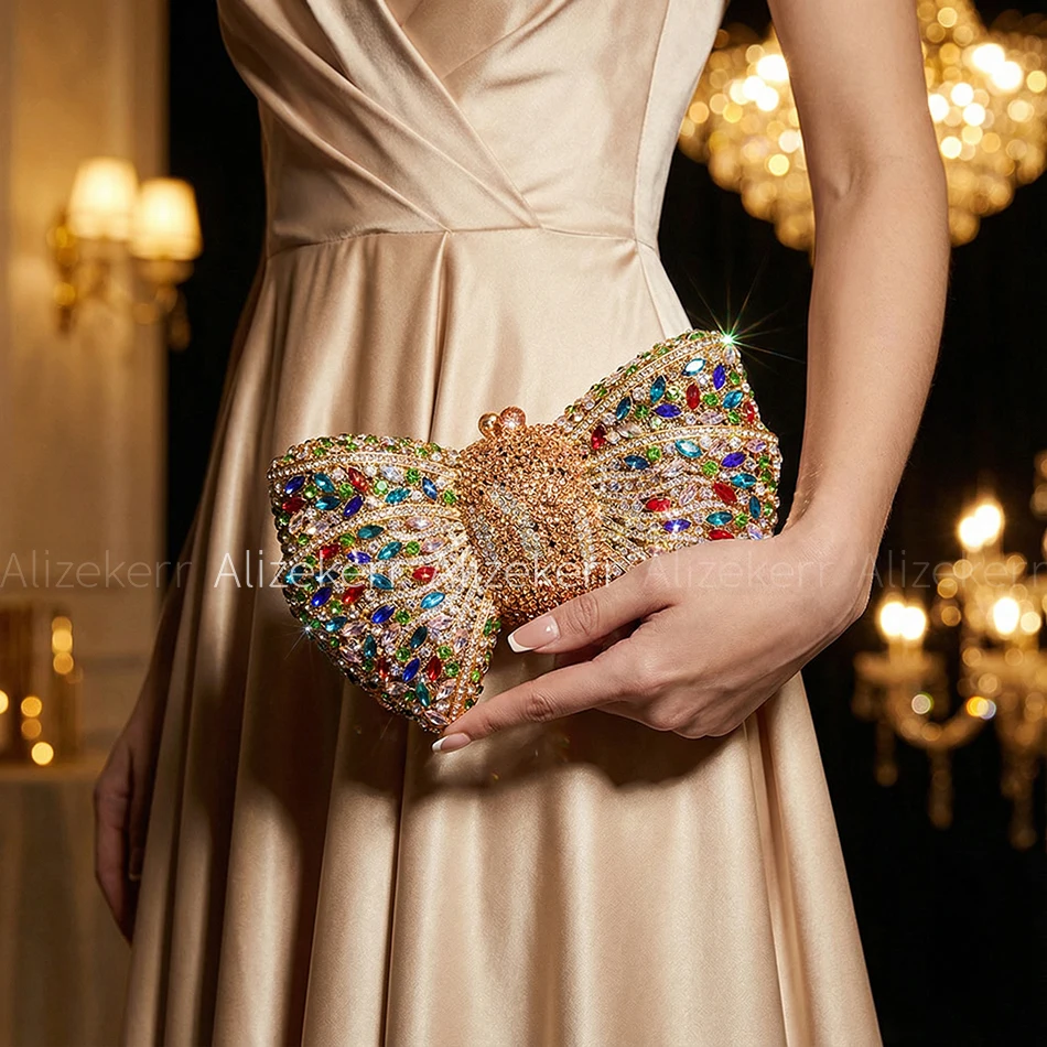 Alizekerr Rhinestone Bow Evening Bags Women Boutique Gorgeous Classy Sparkling Diamond Clutch Purses And Handbags Wedding Party