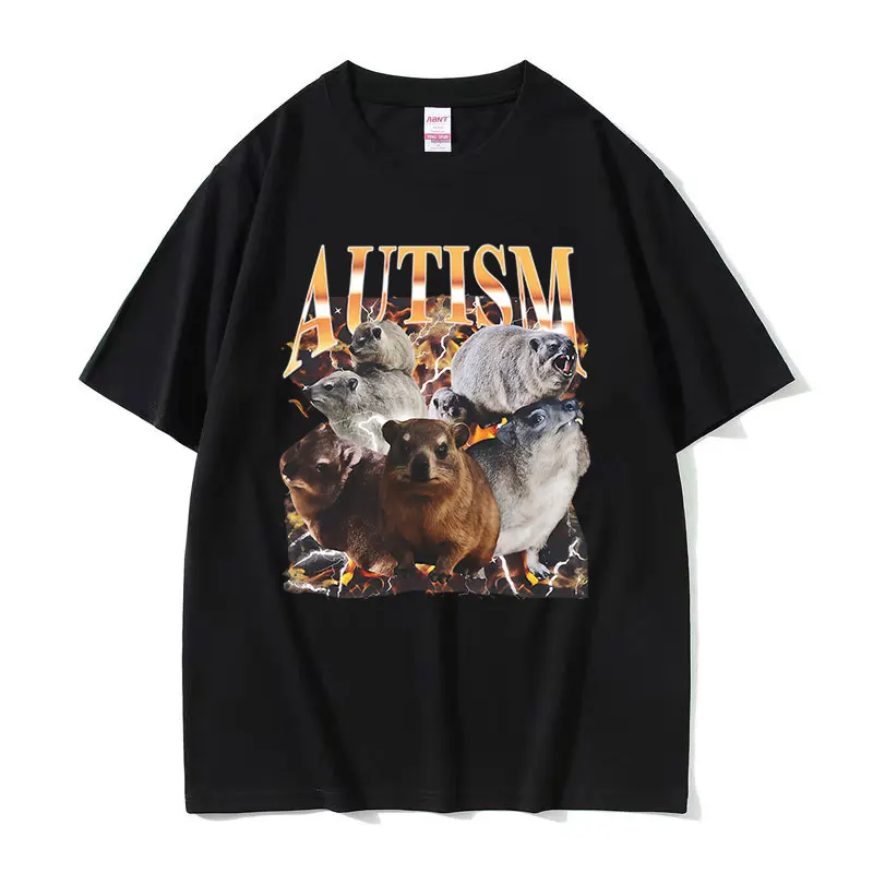 Autism Unhinged Funny Rock Hyrax Meme Tee Shirt Men's Vintage Oversized Cotton T-shirts High Quality Fashion T-shirt Streetwear