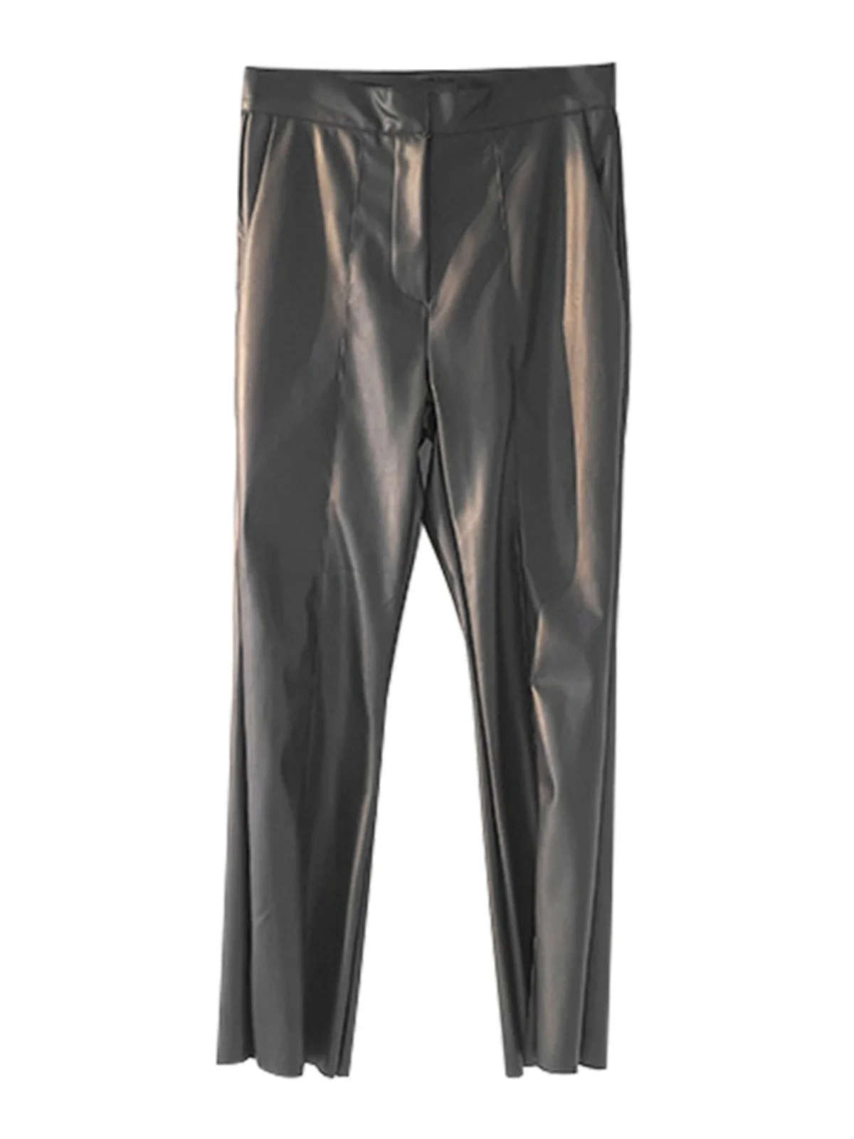 PU Leather Pants Female 2023 New Autumn and Winter Fleece-lined Commuting Elegant High Waist Slit Leather Bell-Bottom