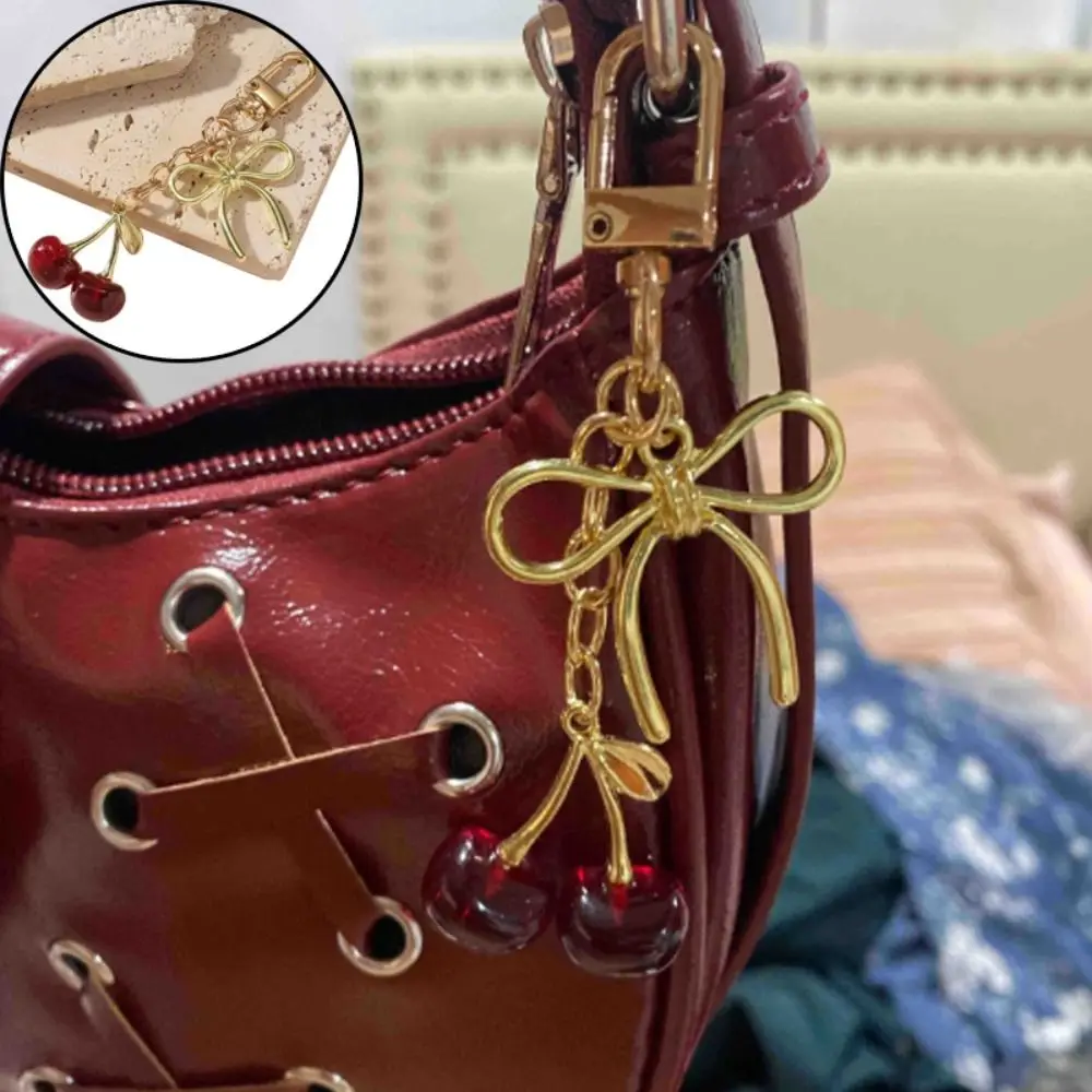 

Cute Red Cherry Bag Pendant Crystal Bow Keyring Alloy Bag Accessories Women