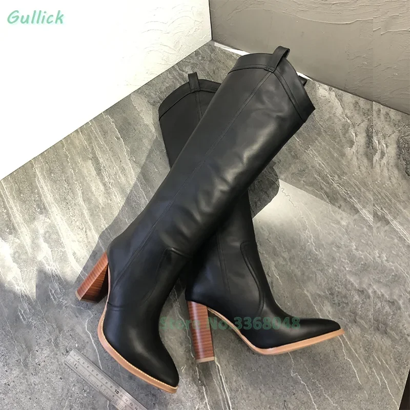 Leather Knee High Block Heel Boots Pointed Toe Slip On Fashion 2024 Runway Winter Women Boots Tan Black Chunky Heel Shoes