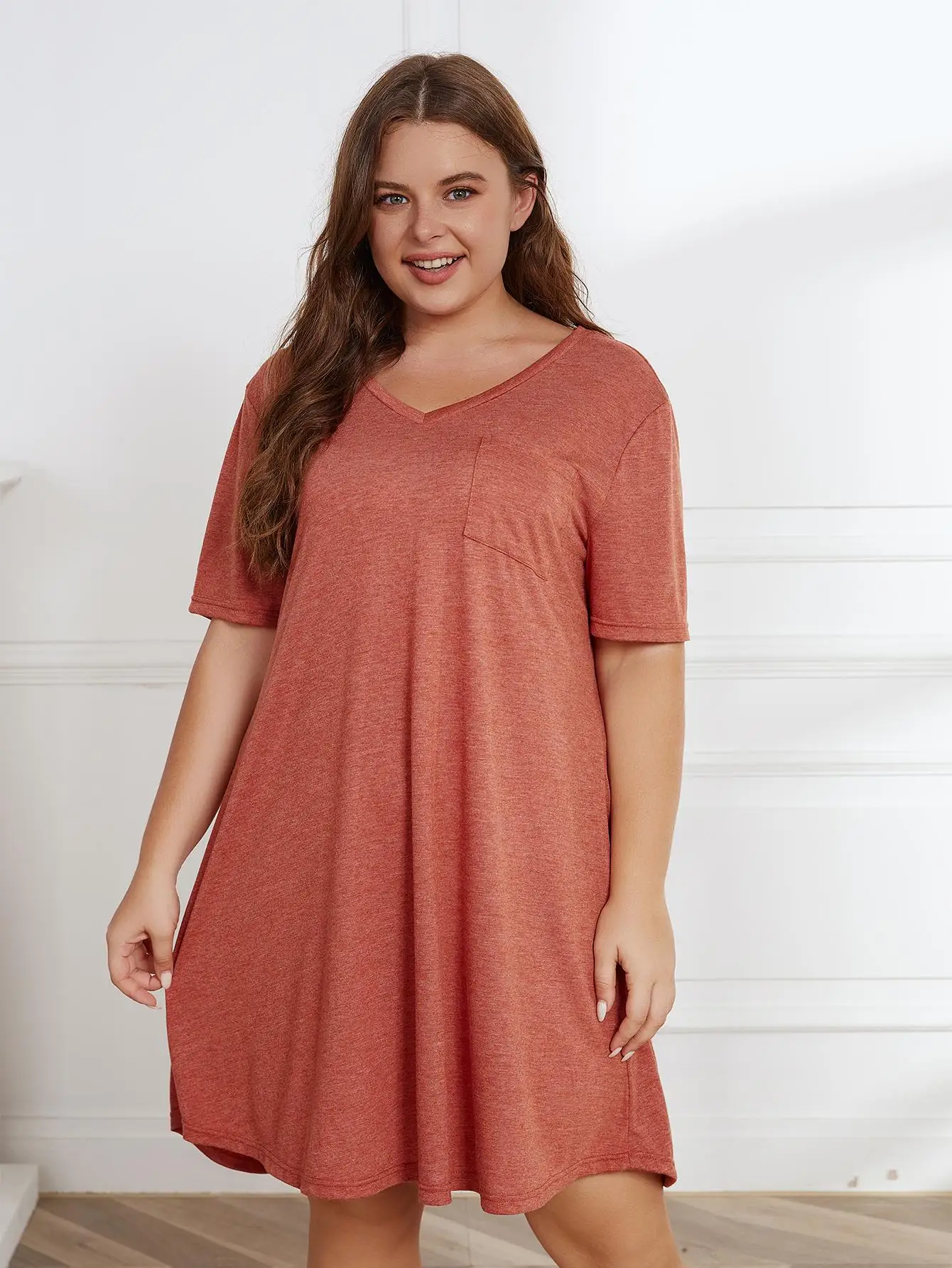 Plus Size Solid Color Women Dresses V Neck Short Sleeve Summer Robe Oversized Femle Shirt Dress Clothing A Line Gown With Pocket