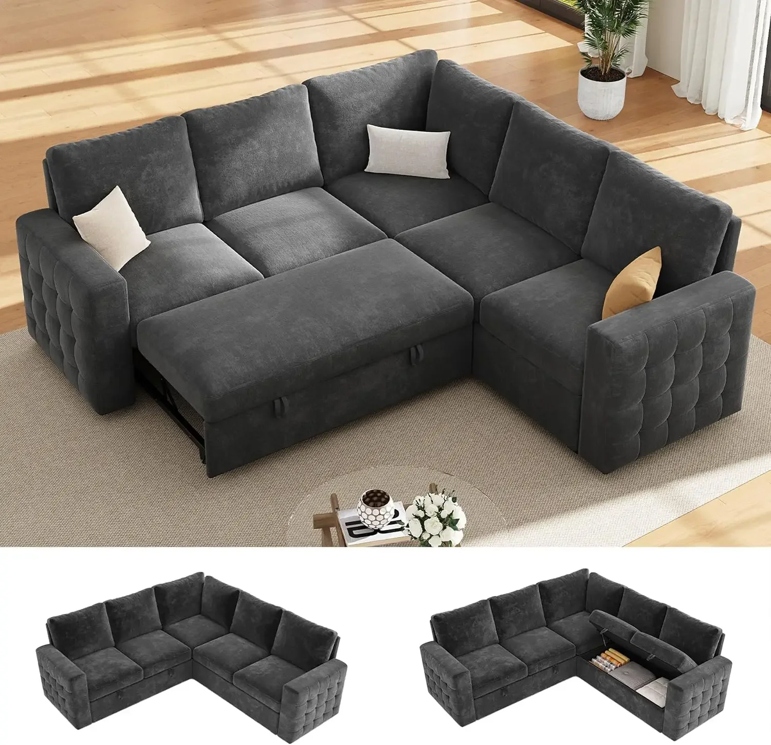 86 Inch L Shaped Sleeper Couch Storage Pull Out Bed Gray