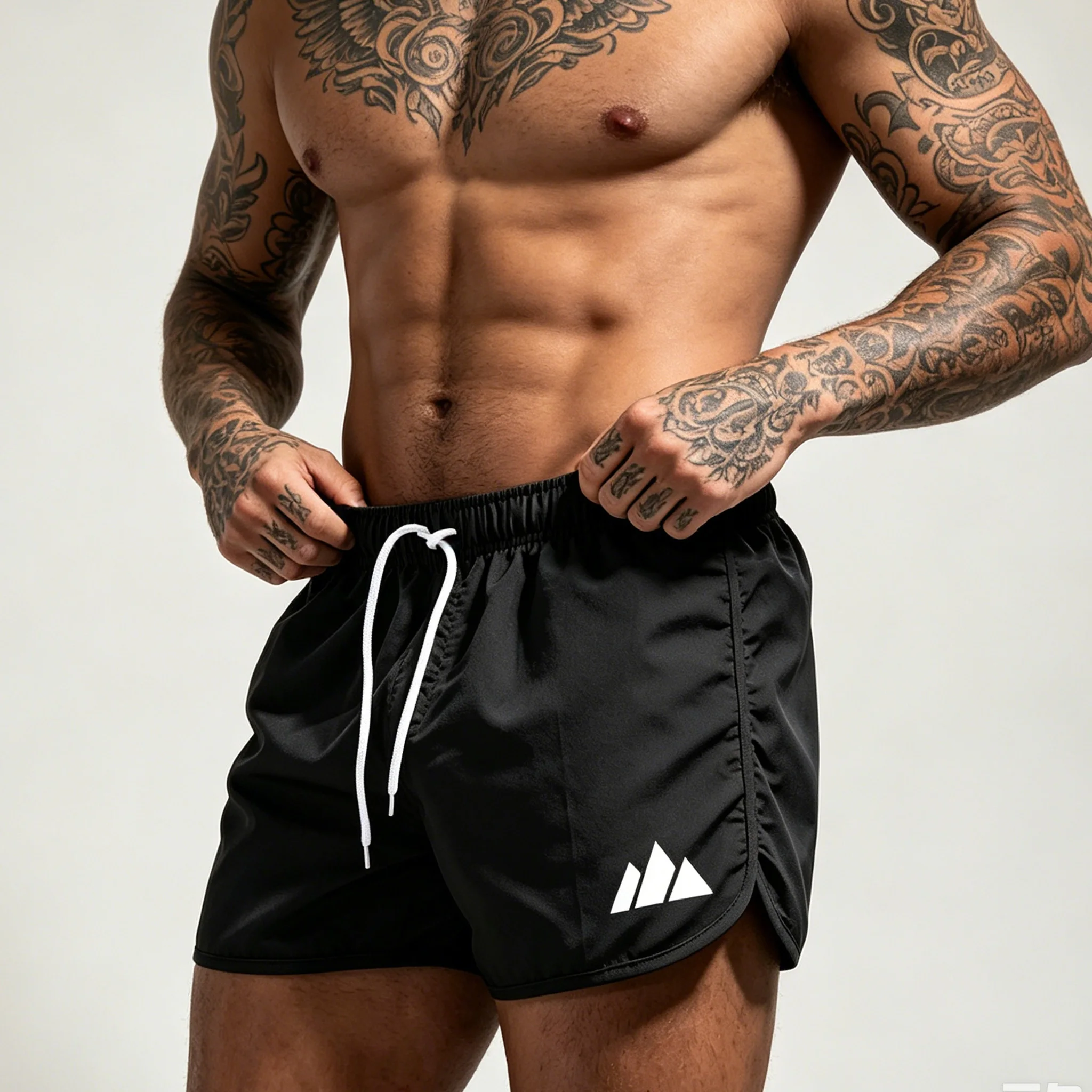 Men's beach pants, casual quick-drying shorts, drawstring swim trunks gym shorts black mountain print outdoor-T65