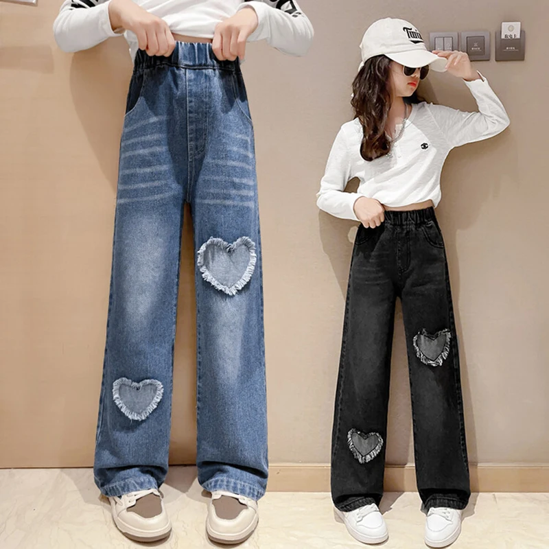 5-14 Years Teenager Girls Denim Wide Leg Pants Children Trousers New Fashion Love Pattern Girls Jeans Spring Autumn Kids Clothes