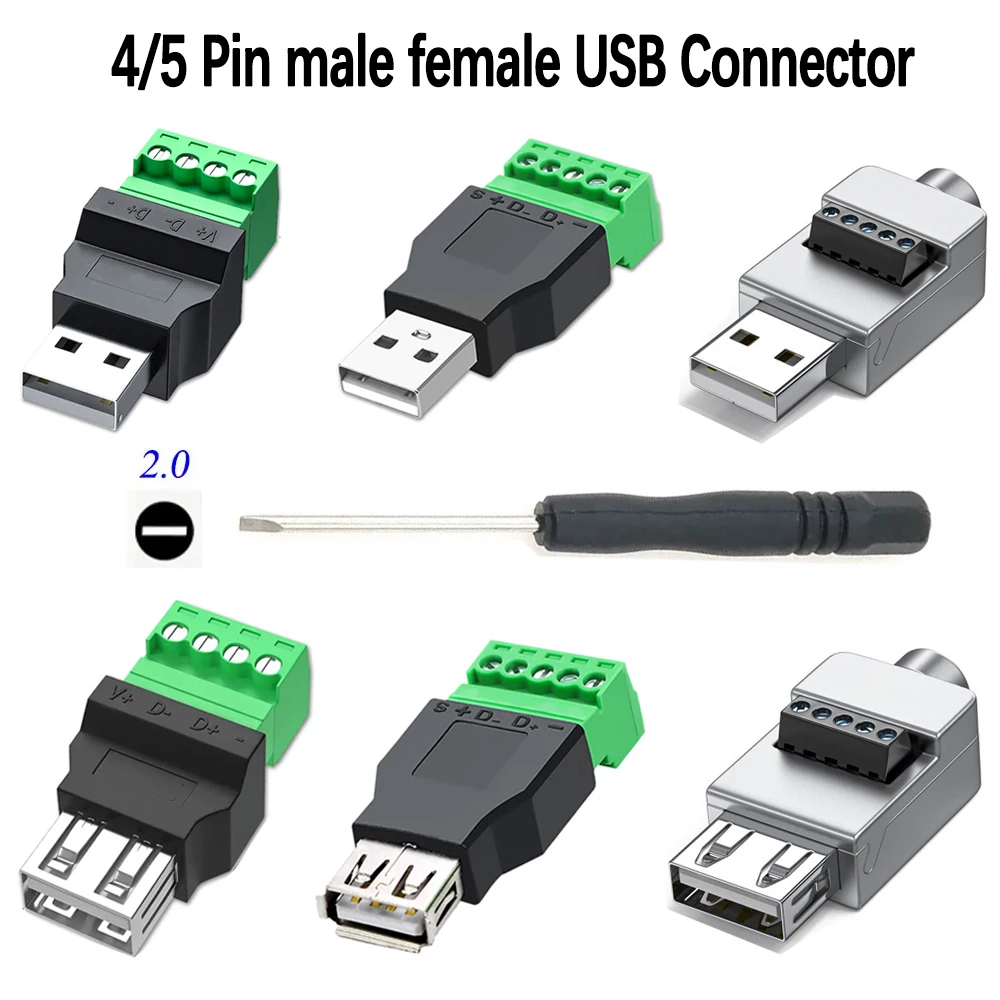

1pcs USB 2.0 Type A Male/Female to 4 Pin 5 Pin Screw Connector USB Jack with Shield USB2.0 to Screw Terminal Plug for Computer