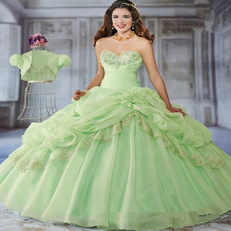 Luxury Green Quinceanera Dresses With Jacket Floral Ball Gown Fluffy Organza Ruffles Vestidos De 15 Quinceañera Customized