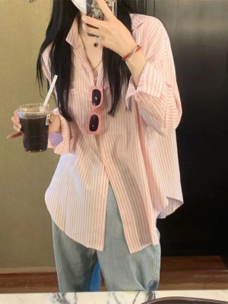 Pink Striped Embroidery Women Shirt Spring New Drop Sleeves Single Breasted Fashion Female Shirts Chic Casual Office Lady