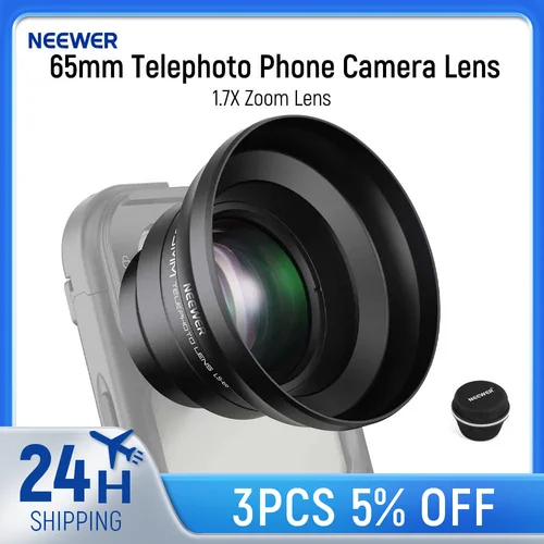 Imagen 1 del producto NEEWER HD 65mm teleobjetivo lente de cámara de teléfono con parasol para funda de jaula de teléfono, lente de Zoom 1.7X para iPhone 16 15 S25 S24 Ultra