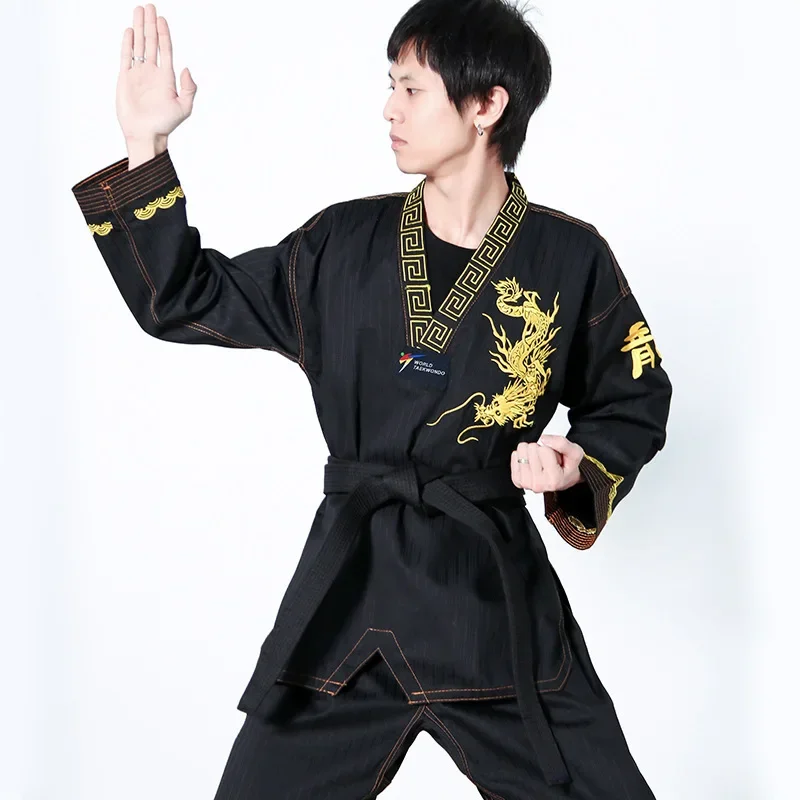 

Korea Taekwondo Uniform V-Neck Dobok White Uniforms Tae Kwon Do MMA Martial Arts Karate Embroidered Dragon Breathable