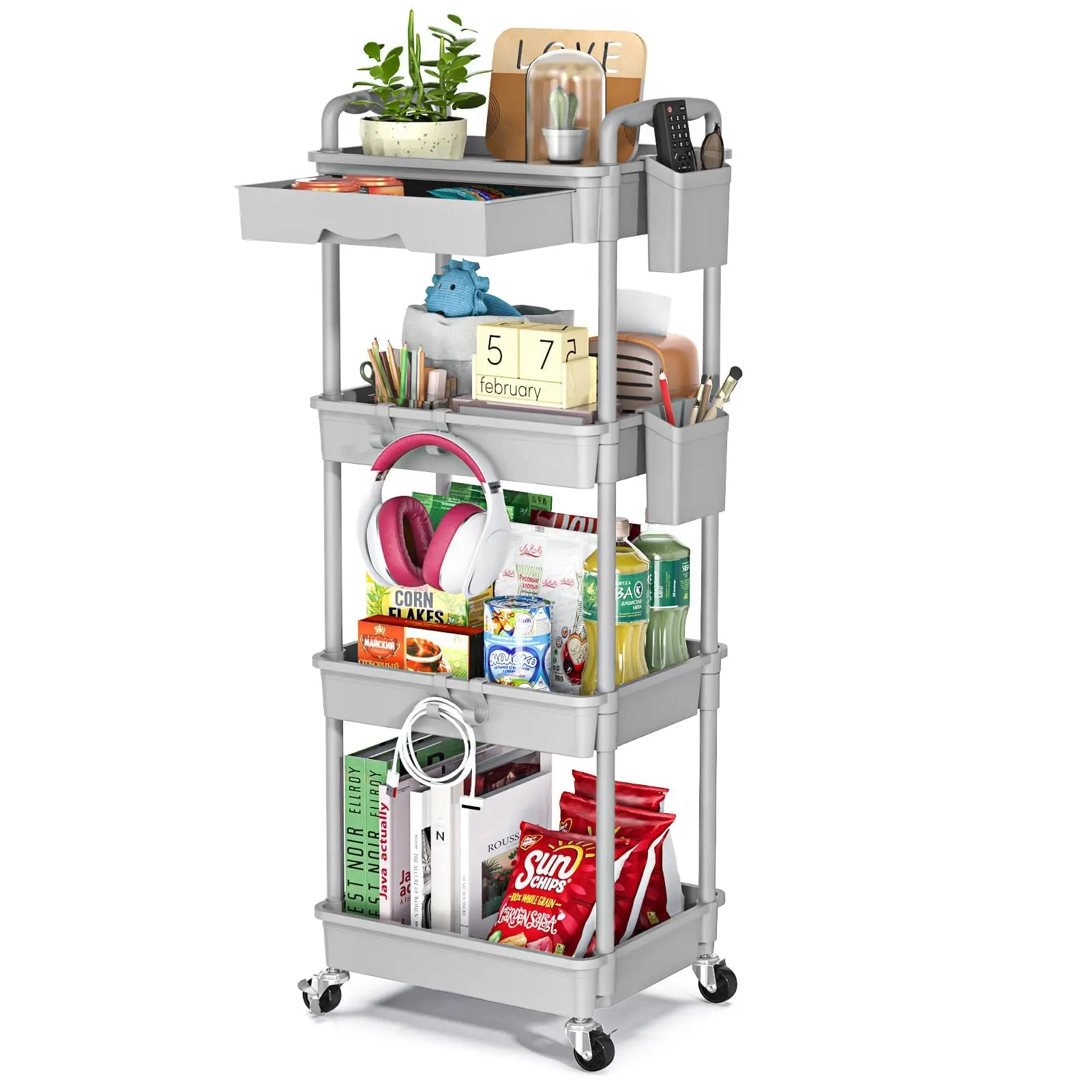 4 Tier Rolling Utility Cart with Drawer,With Drawer & Extended Poles,With Plastic Shelf & Lockable Wheels,Smooth Mobility