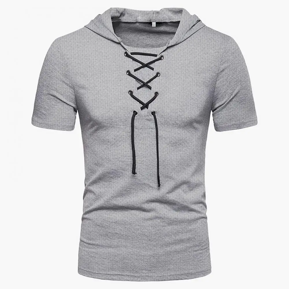 Men T-shirt Pure Color Lace-up Summer T-shirt Breathable Casual Summer Top For Daily Wear