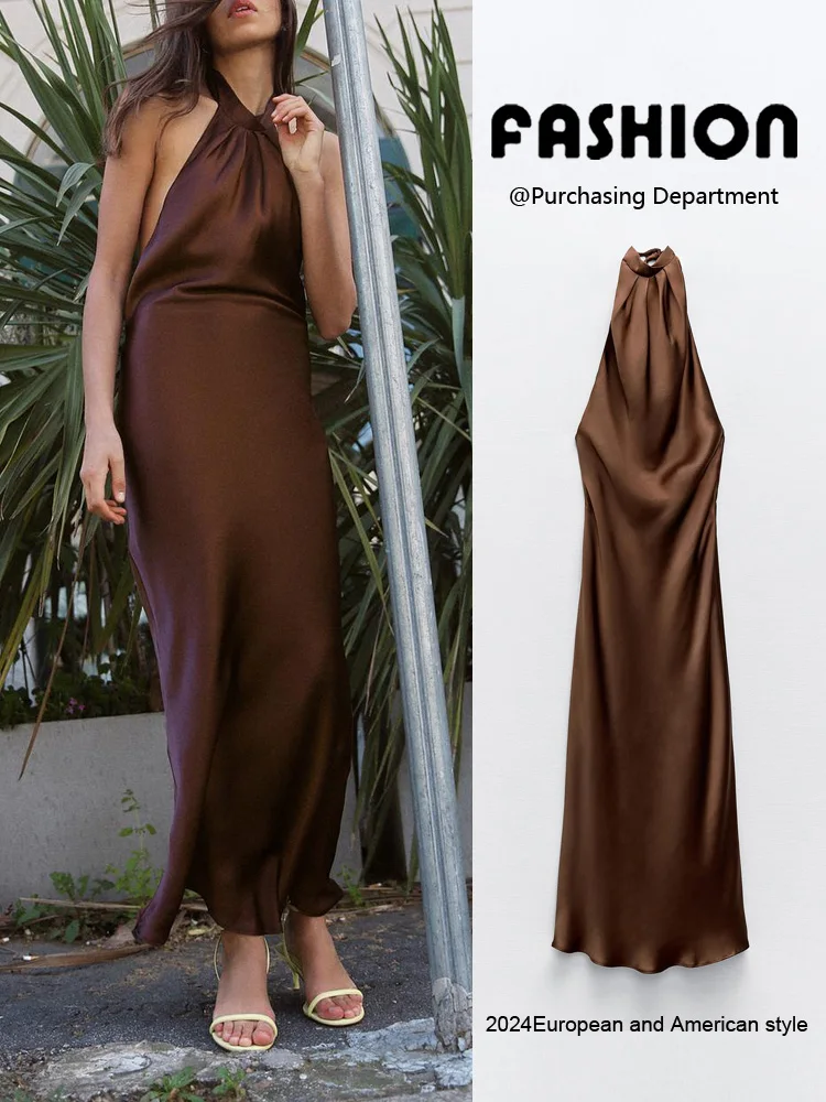 Sommer 2024 Damen Svel Bal Satin Loose Ne Hanging Long Dr Hohe Taille A-Linie Silhouette Casual Maxi Dr