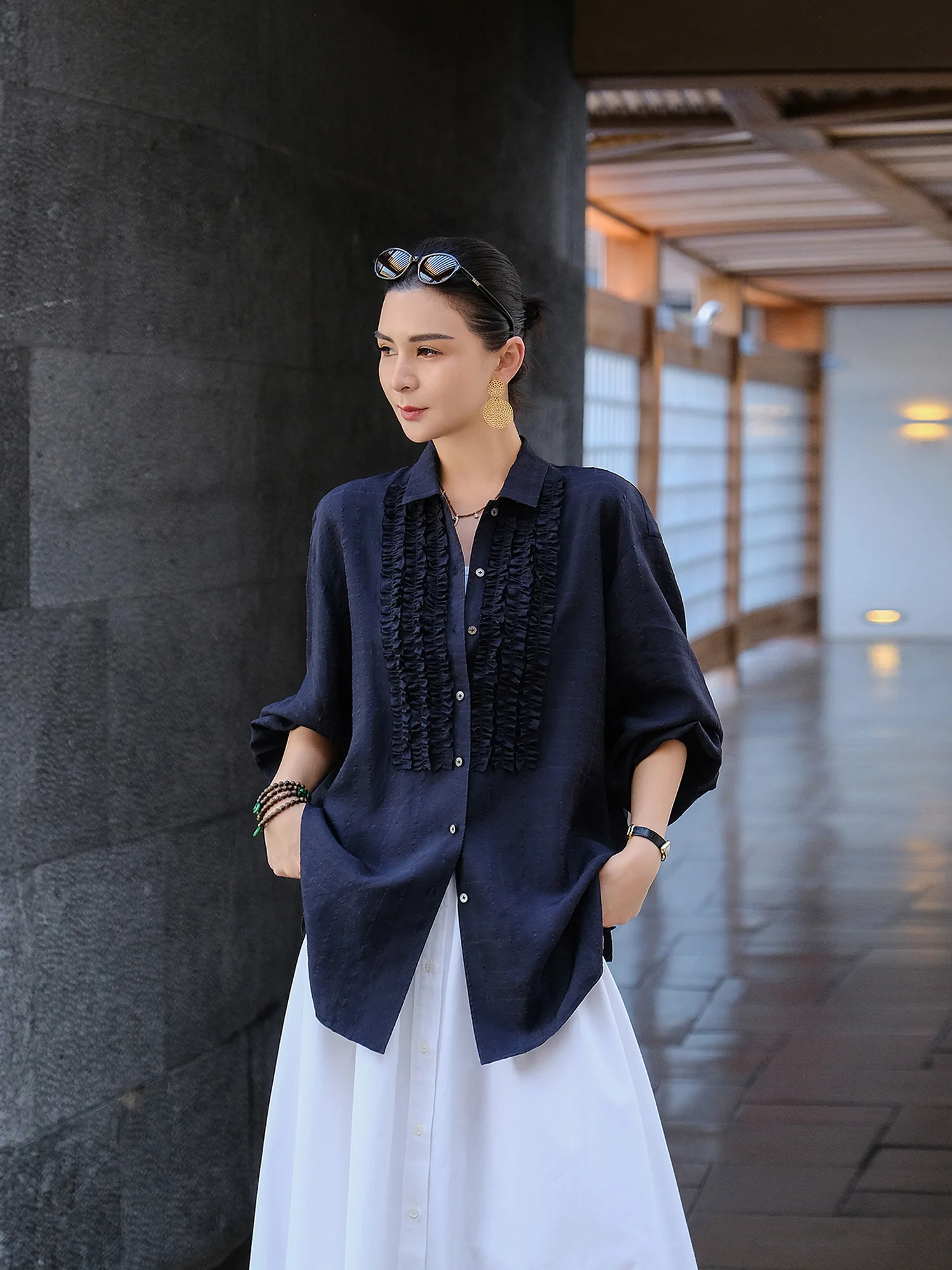 

Mallin Spring 2026 Casual Loose Slimming irt Wooden Mixed Flax Texture Artistic Floral Trim Long Sve Women's Blouse