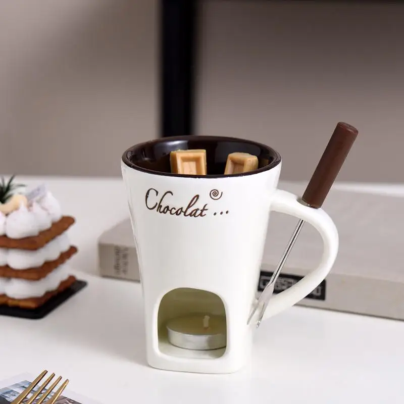 Ceramic Mug European Candle Cup Cheese Chocolate Melting Heating Food Ceramic Mug With Fork Creative Coffee Mug Tableware 130ml