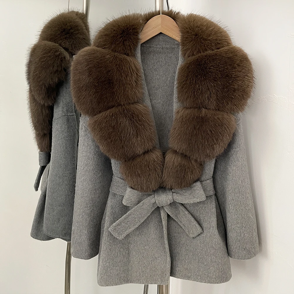 Woolen Coat Women Faux Fur Jacket Artificial Overcoat Fake Fox Fur Patchwork Fur Warm Lady Autumn Spring Wool Coat Fluffy