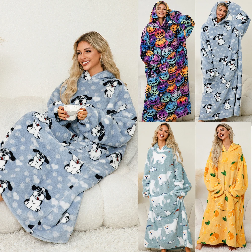 Women Wearable Blanket Hoodies Winter Coldproof Home Clothing Pajamas Adult Plush Flannel Blanket with Seeves Oversized Pullover