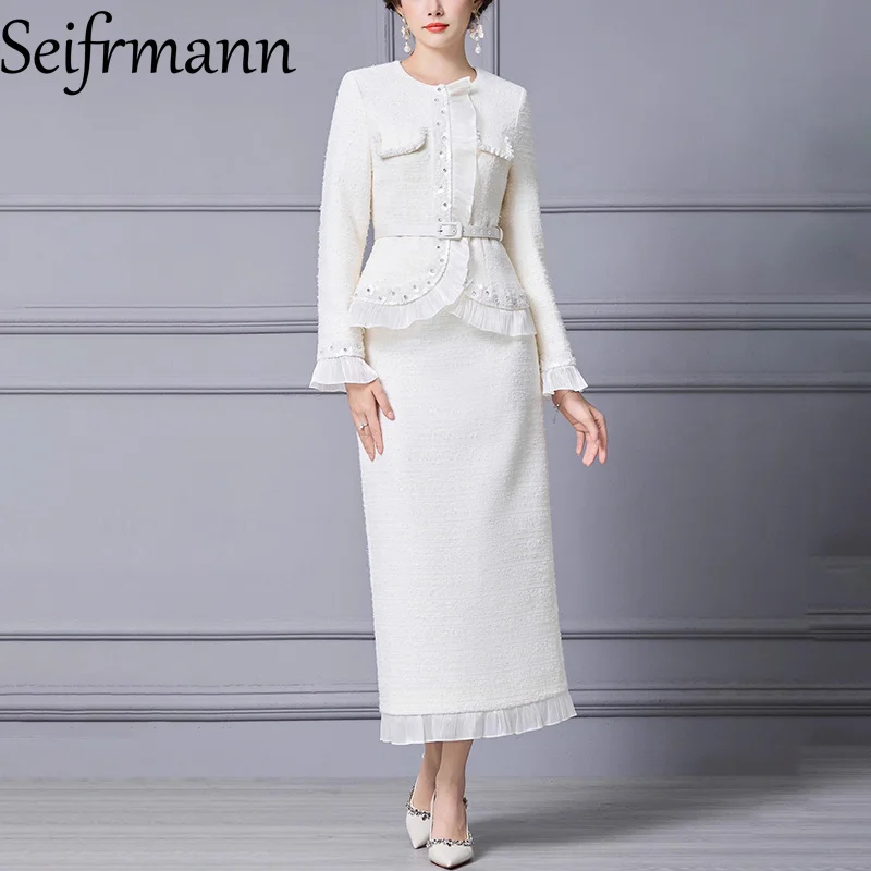 

Seifrmann 2026 Spring Women's New Fashion Round Neck Long Sleeve Nail Beaded Belt Coat+Hip Wrapping Half skirt Two Piece Set