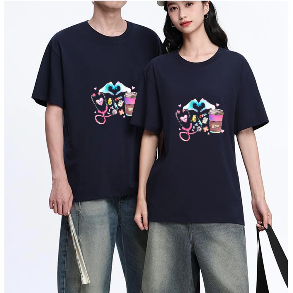 Medical Heart Hands Stethoscope Coffee Cup Printed T Shirt Breathable Fabric S-XXL Personalized Custom Casual Short Sleeve Tee A