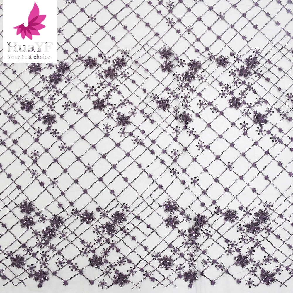 

1 Yard French Purple Sequins Beaded Net Fabric Snowflake Design Tulle Nigeria Lace Mesh Embroidery Fabrics HY-1179