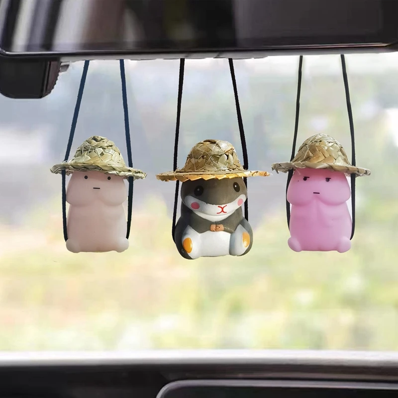 3PCS Interesting Swinging Straw Hat Cartoon Pendant Car Hanging Ornament For Rear View Mirror Car Pendant Hanging Swing