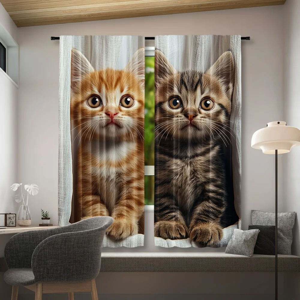 Realistic Kitten Curtain Panels, Sweet Tabby Kittens Window Peeking Soft Warm Tone Print Drapes for Kid‑Friendly Apartment Decor
