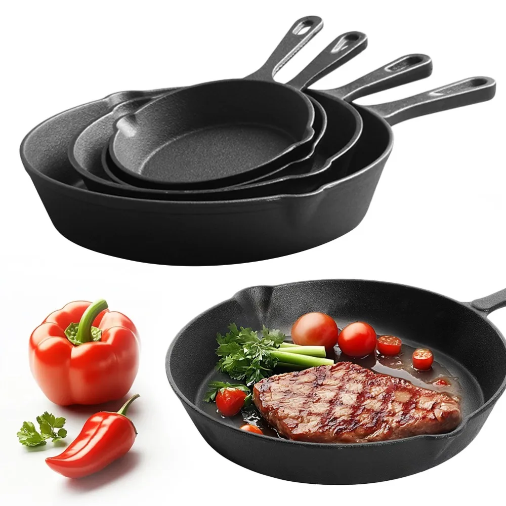 Gusseisen-Kochgeschirr, 4-teiliges Set, unbeschichtete Kochpfanne, vorgewürzte Bratpfannen, sicher, rostbeständig, gleichmäßige Wärmeverteilung, 14/16/20/26 cm