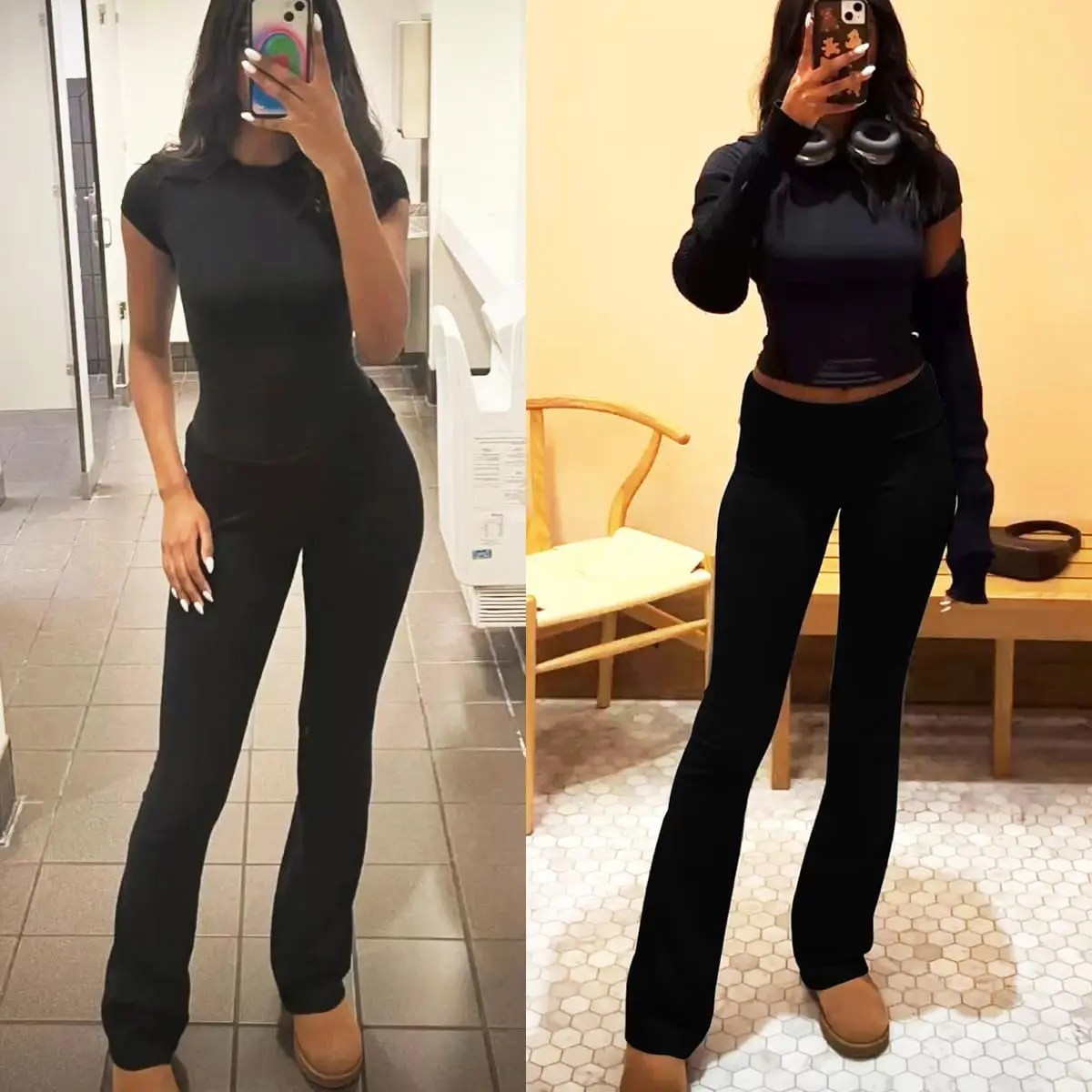 Casual Workout Two Piece Outfits for Women Crew Neck T-shirt and Low Rise Flare Pants Tracksuit Sets Streetwear