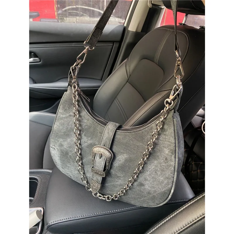 High-end Gray PU Leather Shoulder Bags for Women 2024 New Vintage Hobo Underarm Bags Simple Commuter Chain Handheld Hand Bags