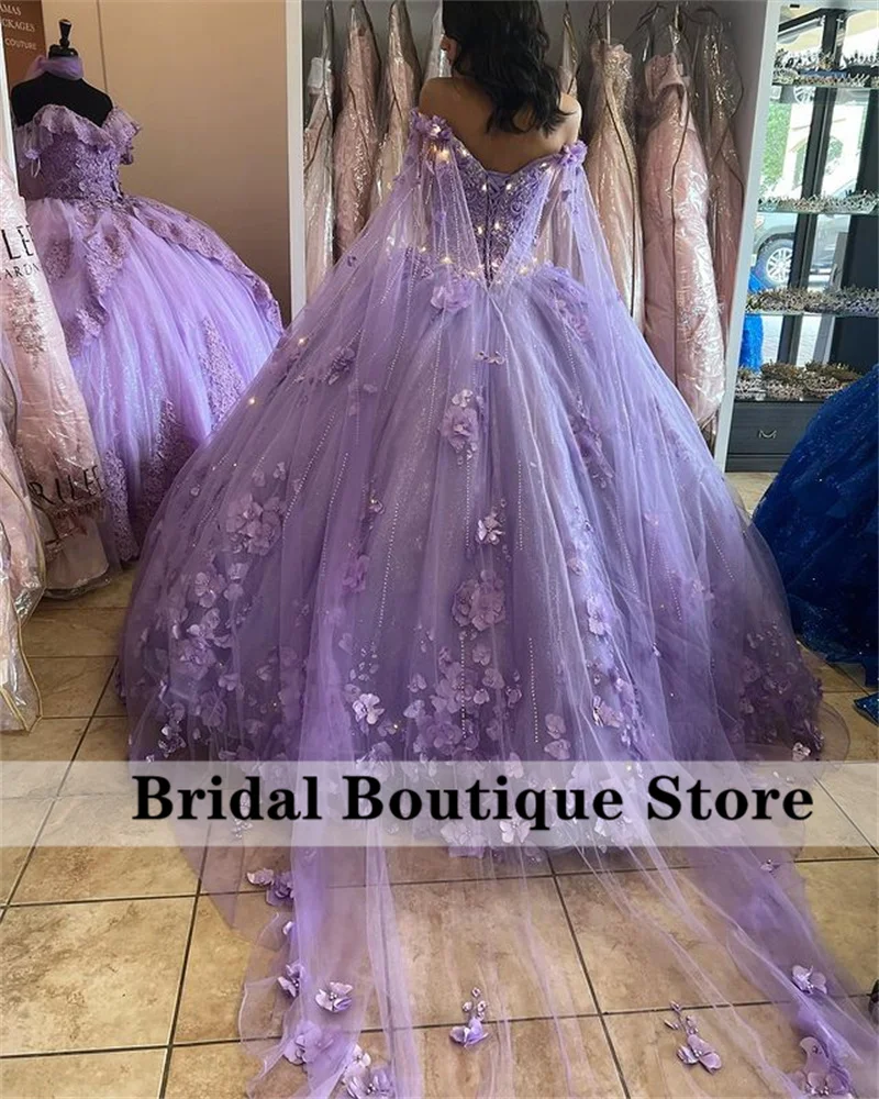 Lavender Flowers Princess Quinceanera Dresses With Detached Cape Beads Crystal Sweet 16 Dress Vestido De 15 Años Customized