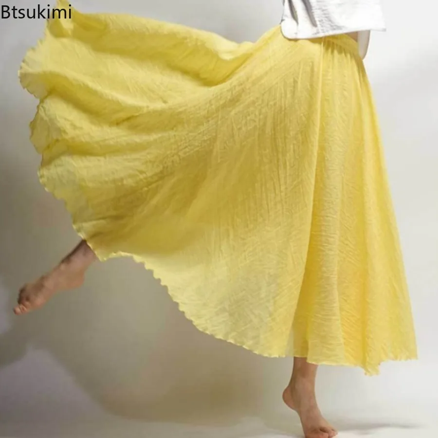 2024 Fashion Solid Vintage Maxi Skirts for Women Summer Breathable Cotton Linen Elastic High Waist A-line Half Skirt Boho Skirts