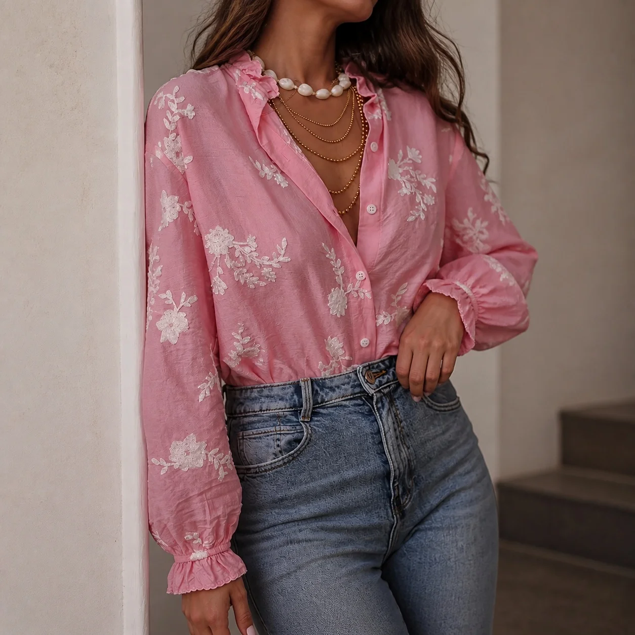 Long Sleeve Turn Down Collar Shirt with Slight Stretch Edgy Street Women Blouse Autumn Embroidery Loose Fit Regular Length