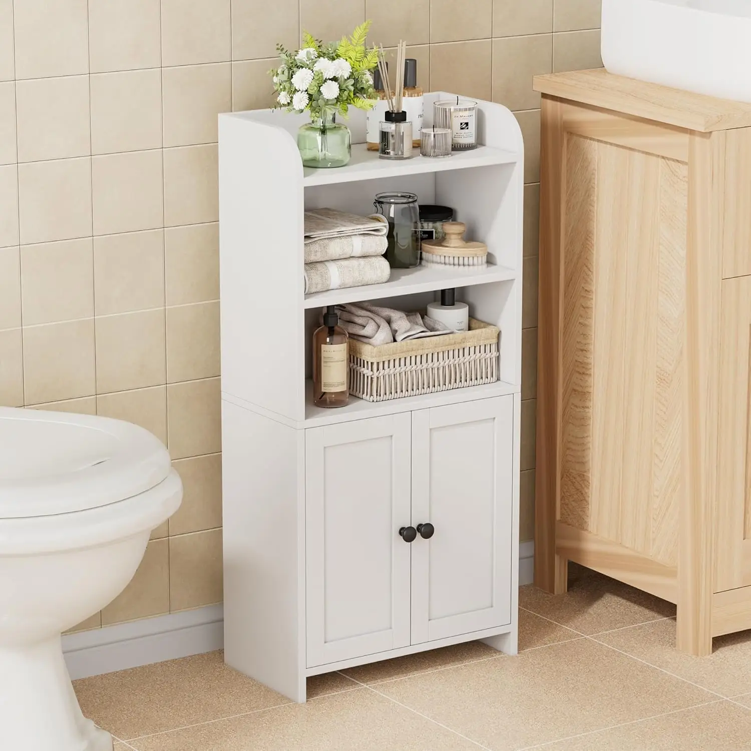 

Freestanding Bathroom Storage Cabinet with 2 Doors and Shelves, White, 7.9" D x 14.6" W x 31" H