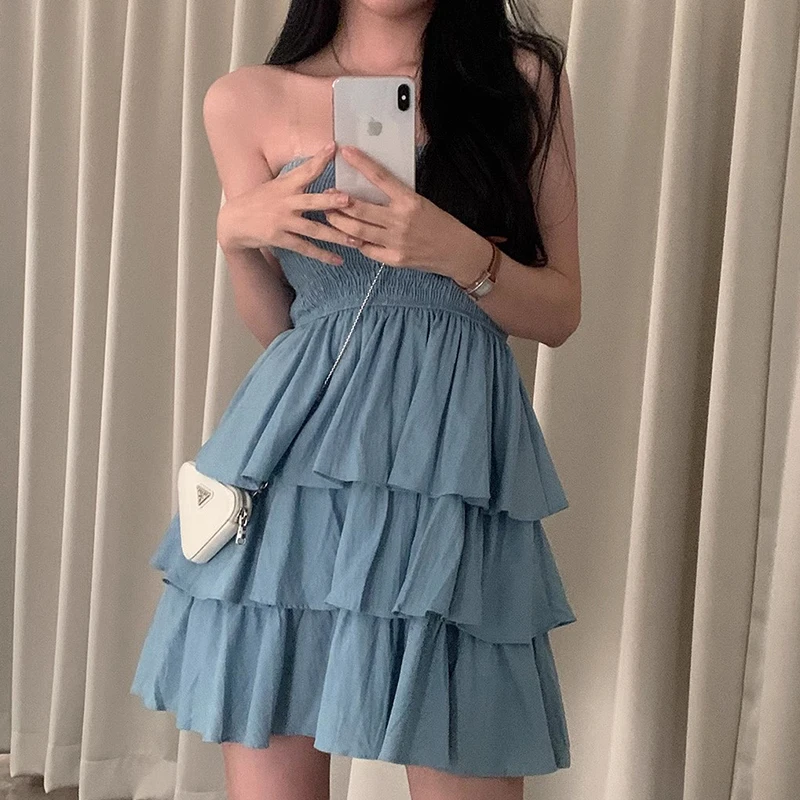 シックなレトロワンショルダー弾性痩身ソリッドカラースプライスケーキスカートスタイルの女性のドレス韓国ハイウエストショートスカート