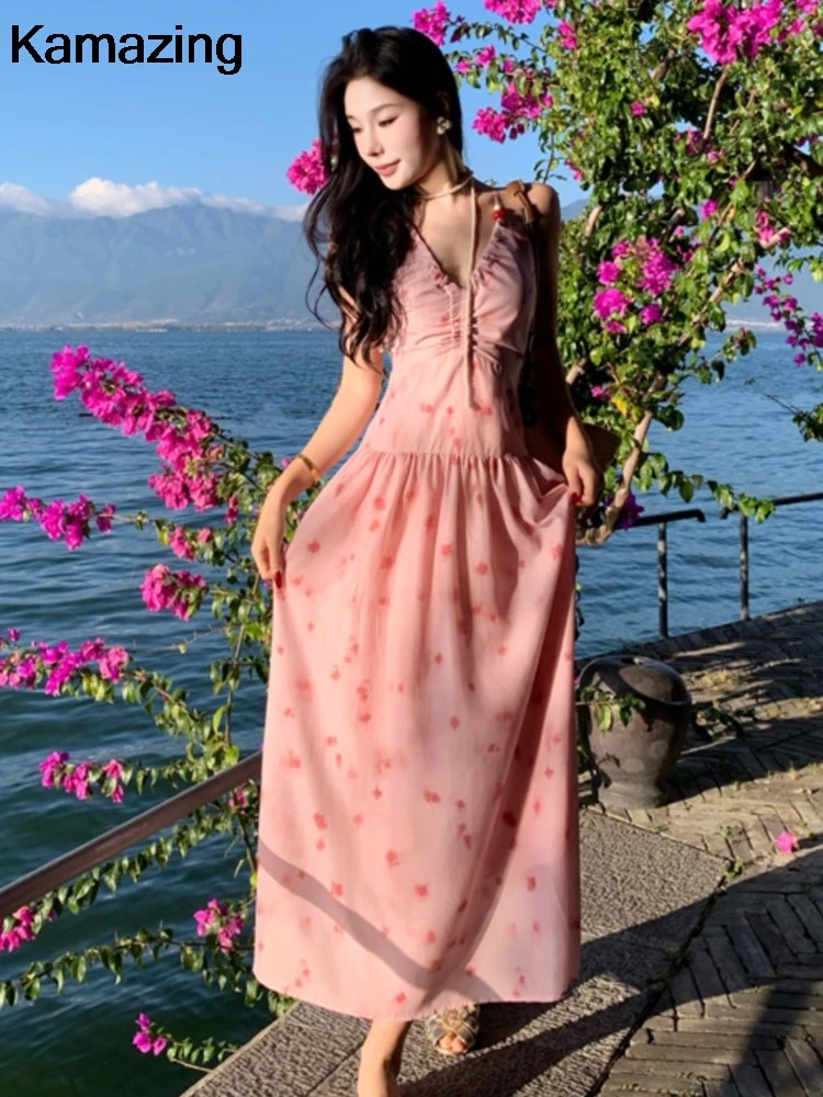 

Summer Floral Print Womens Dresses French Style Hollow Out Backless Lace-up Party Dress Casual Slim Vestidos Female Clothing New