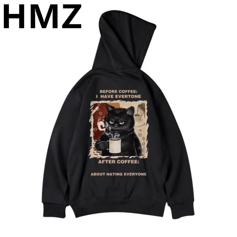 HMZ Coffee Cat Print Hoodie High Street Hip Hop Loose Hoodie Winter Men Casual Street Cartoon Hooded Oversized Sweatshirt Unisex