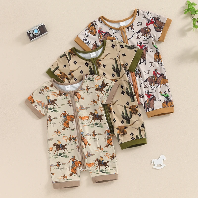 

2024-04-05 lioraitiin 0-18M Baby Boys Summer Romper Infant Short Sleeve Crew Neck Cactus Cattle/Horse Print Zipper Jumpsuit