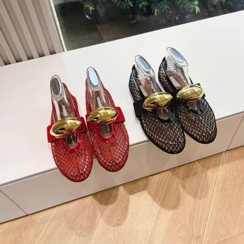 Round Headed Mesh With A Single Buckle And Ballet Shoes, Women's Fishing Net With Rivets And Hollow Mary Jane Single Shoes