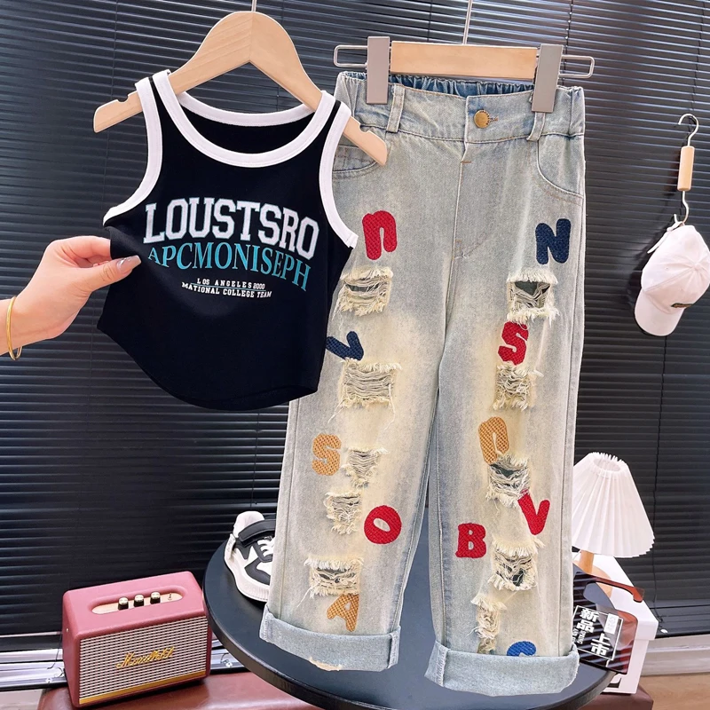 2025 Summer New Girls Clothing Set Slim Fit Style Letter Sleeveless Tops+Letter Print Ripped Jeans 2Pcs Fashion Suit For 4-12Y
