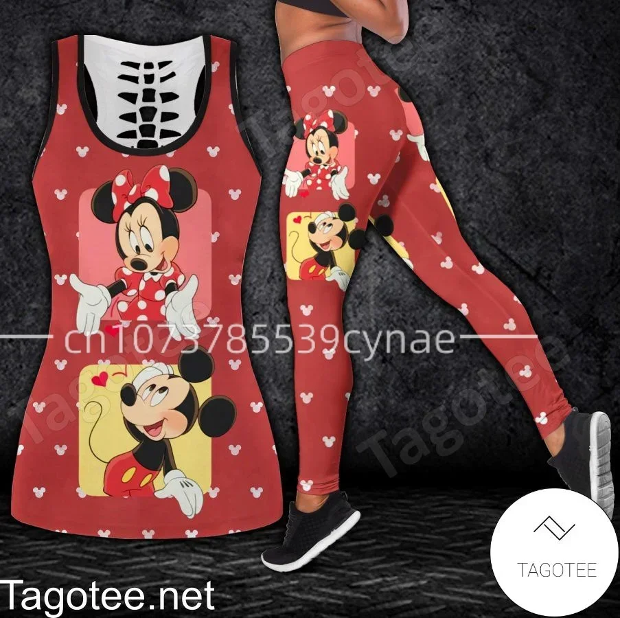 Disney-Chaleco hueco de Mickey y Minnie para mujer, traje de Yoga, Leggings de Fitness, traje deportivo, camiseta sin mangas, conjunto de mallas