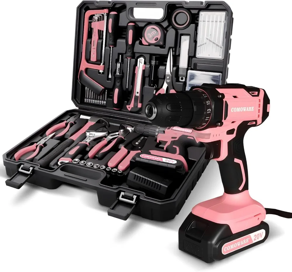 

Pink Household Tool Set with 20V Cordless Drill Driver, 120Pcs Hand Tool Kit for Women, Power Drill Set with Plastic Toolbox