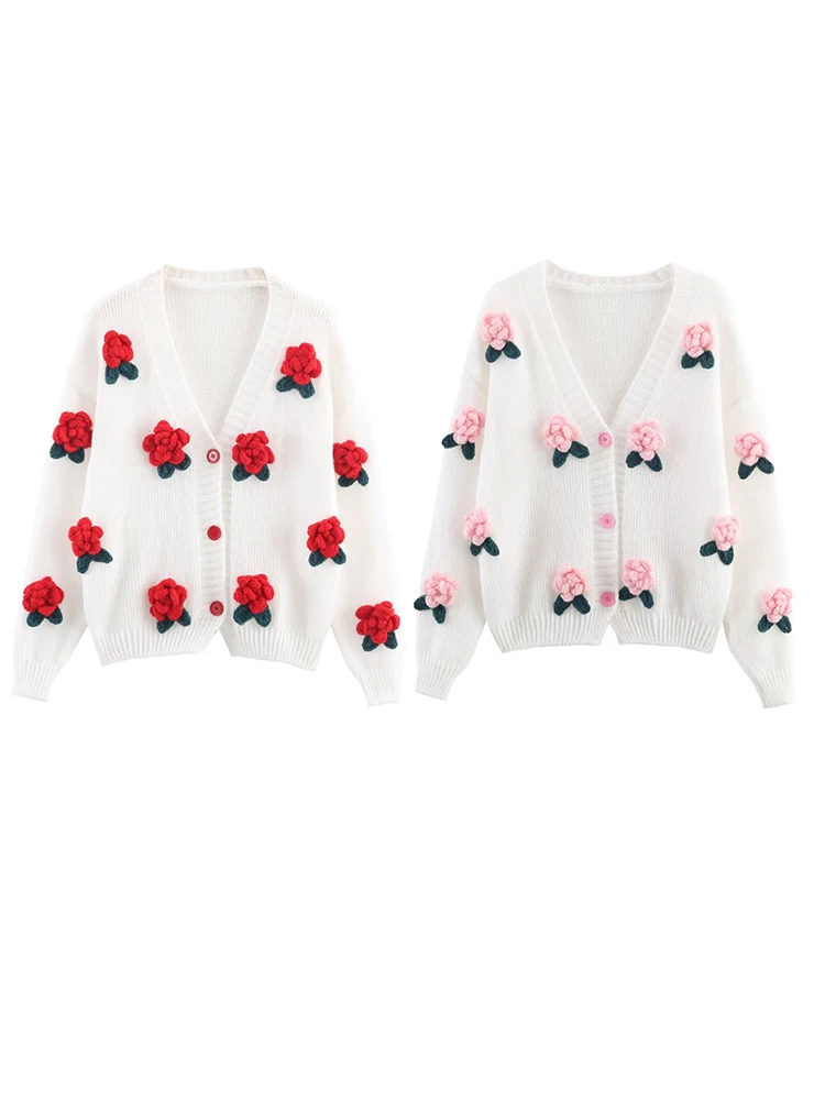 

Женские однобортные кардиганы с v-образным вырезом и аппликацией, свободные свитера с цветочным принтом