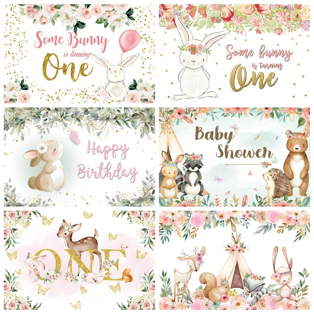 

Cute Rabbit Backdrop Bunny Flower Leaves Baby Shower Easter Birthday Party Photography Background Decor Banner Photoshoot Prop