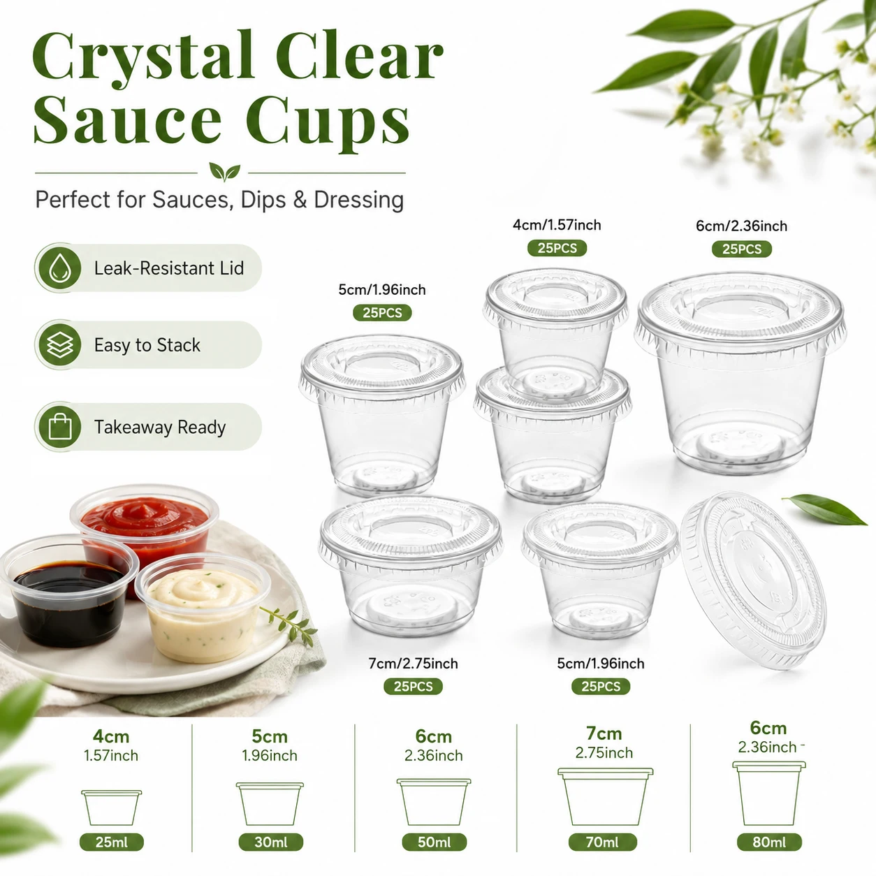 25-100Pcs 1/2/3/4/5 Oz Plastic Sauce Cups with Lids, Transparents Portion Containers for Shots, Souffle, Sample