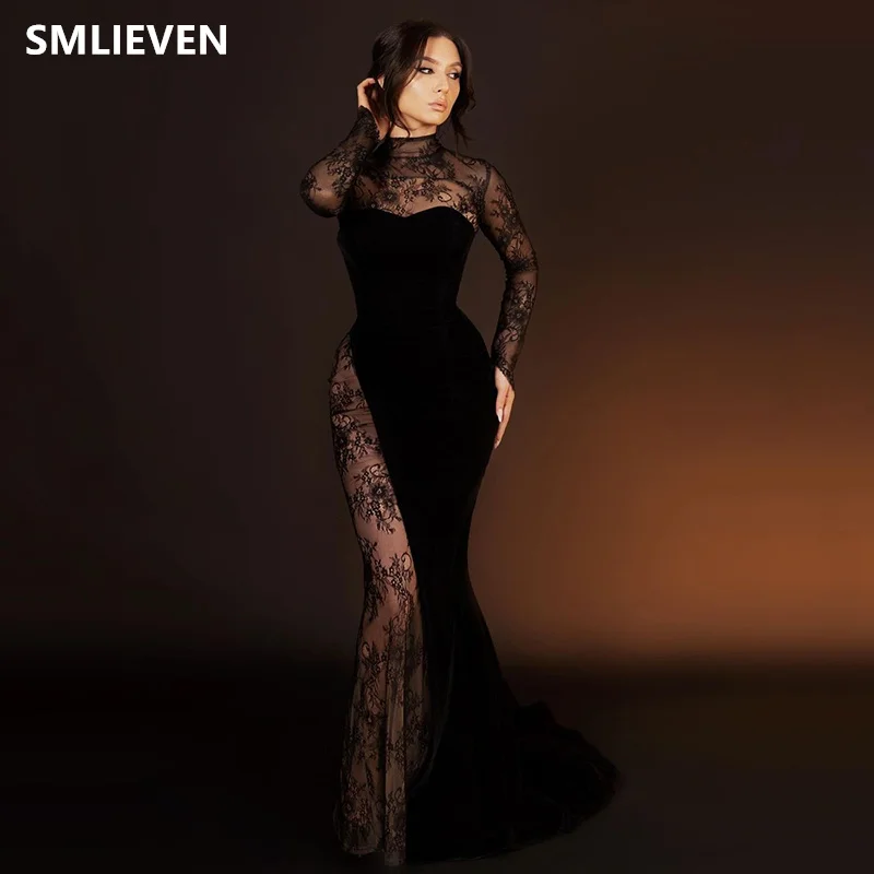 

Smileven Mermaid Satin Evening Dresses Lace Applique Saudi Arabic Prom Gowns High Side Spilt Formal Party Dress Customized 2024