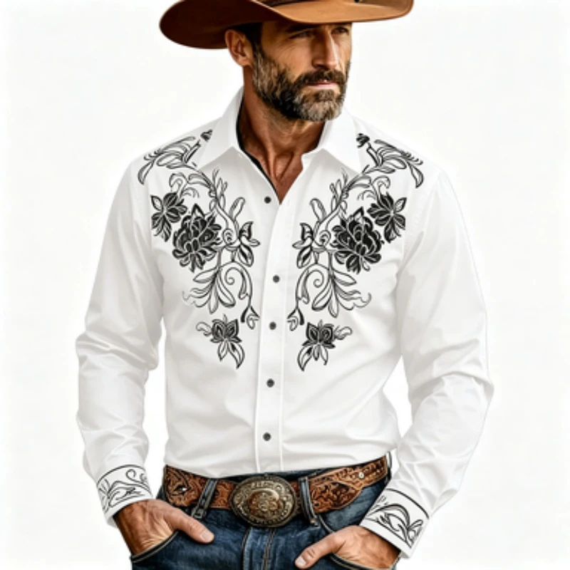 Men Long Sleeve Western Cowboy Shirt Retro Black Floral Scroll Ornament Print Turn Down Collar Button Up Casual Top