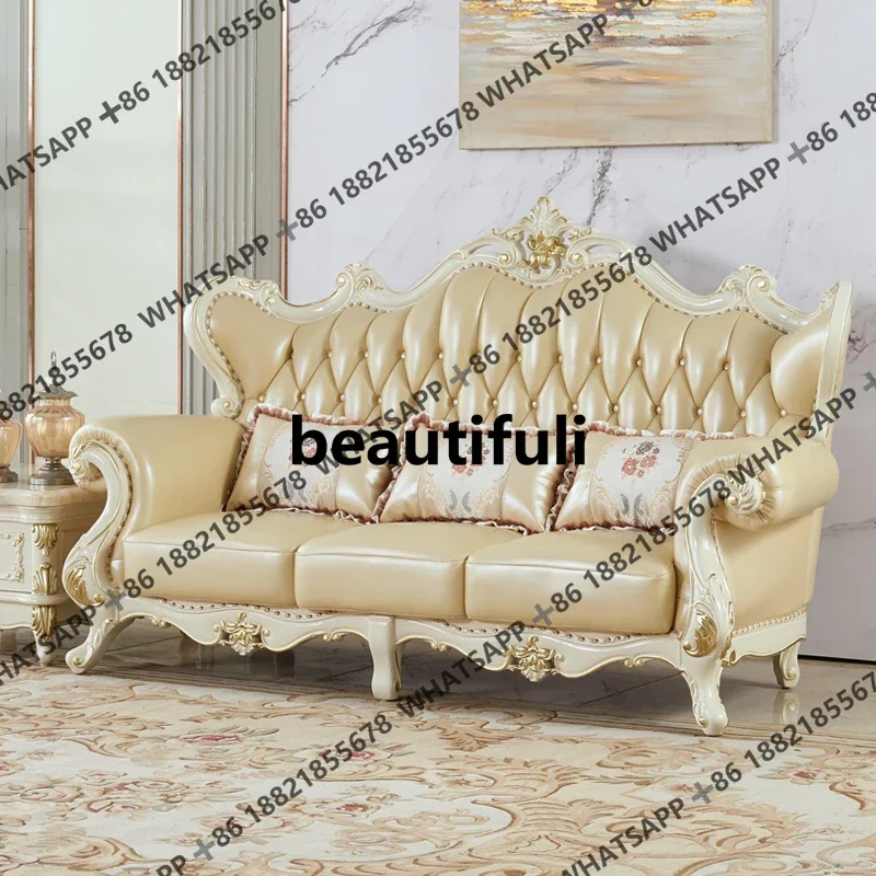 

Great discountsEuropean leather solid wood sofa combination princess luxury carved first layer cowhide high-end villa leather fu